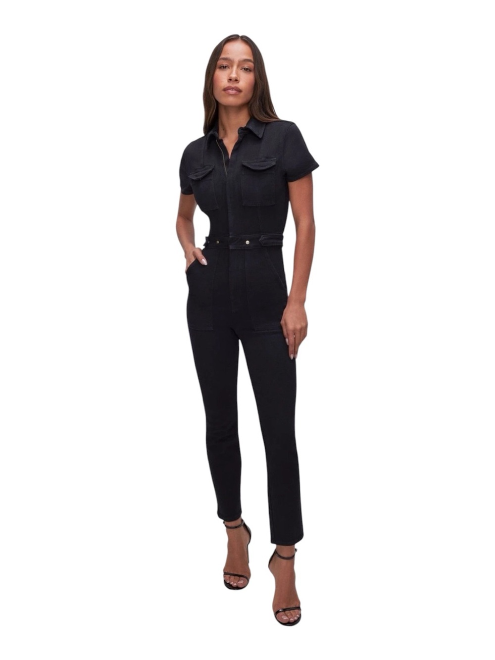 Good American Black Zip-Front Jean Jumpsuit